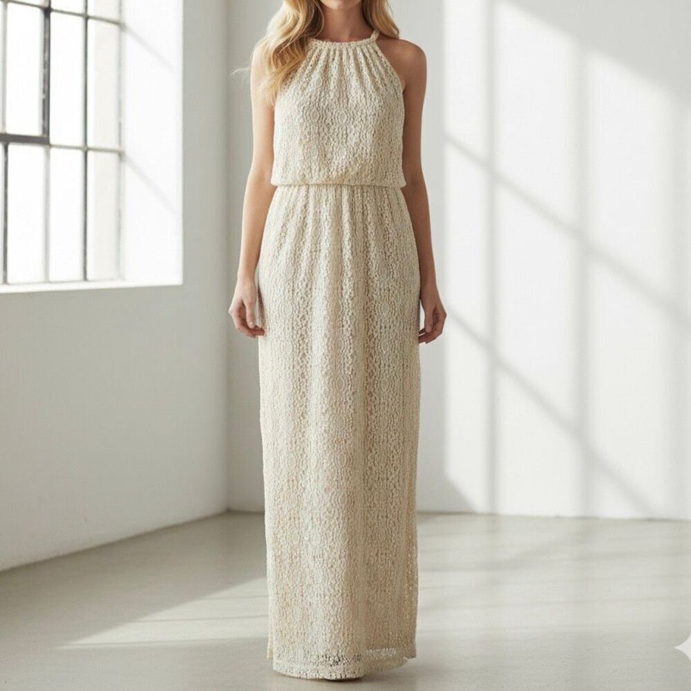 Sharagano Cream Lace Maxi Dress Sleeveless High Neck Elegant Formal Size L *